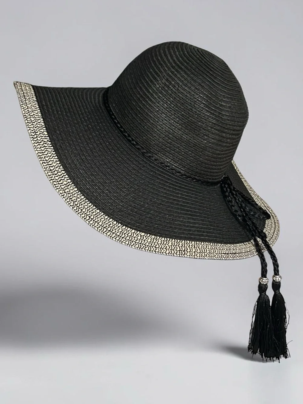 Wide-Brim Black Tassel Sun Hat Beach Vacation